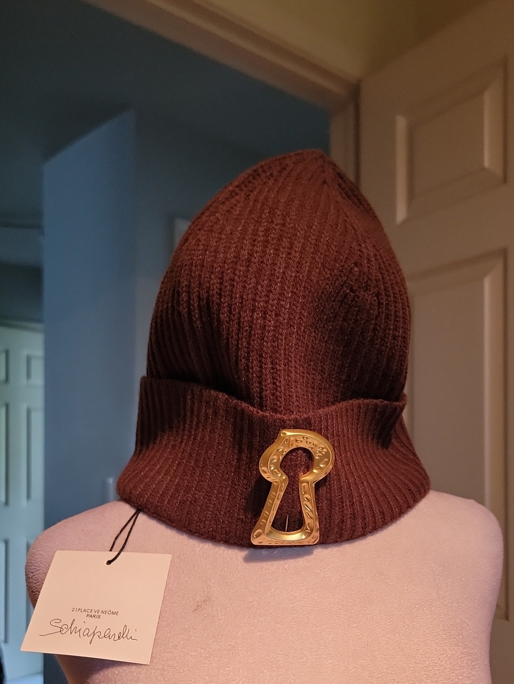 Inspired Brown Ribbed Knit Beanie with Gold Keyhole Accent